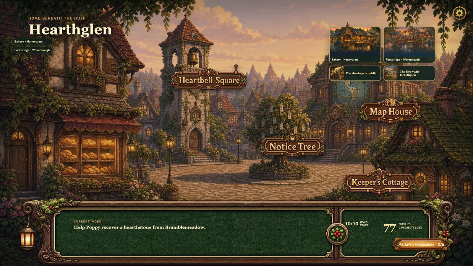 The restored lantern-lit village square of Hearthglen