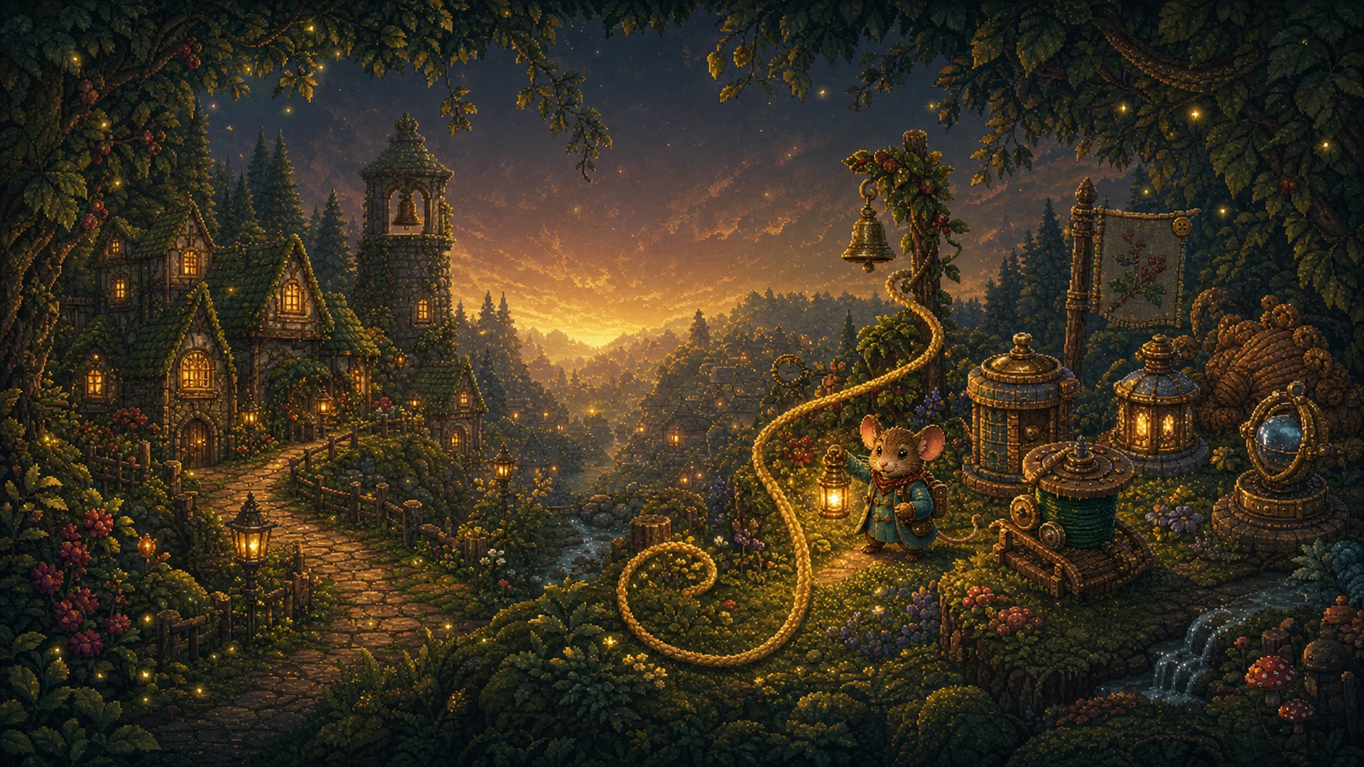 A golden thread joins a lantern-lit village to a miniature stitched garden