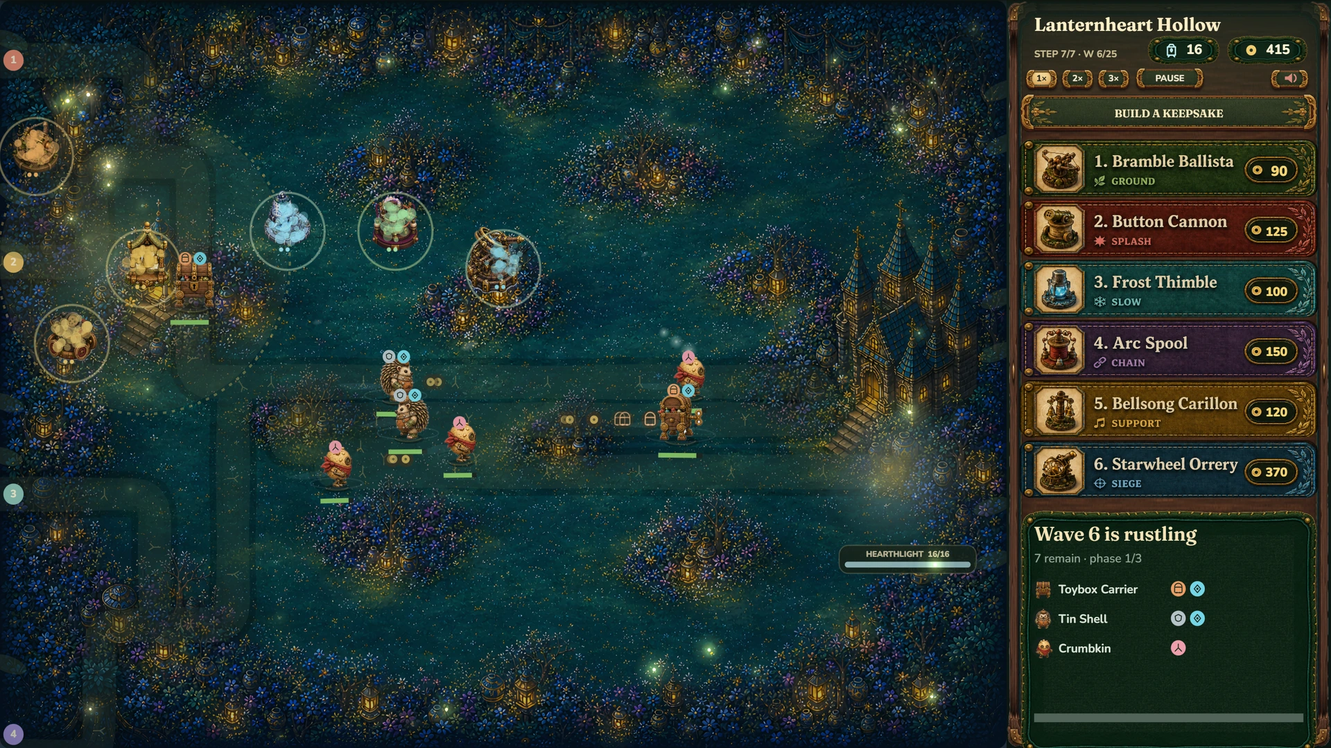 A real Bramblewatch tower-defence battle at Lanternheart Hollow