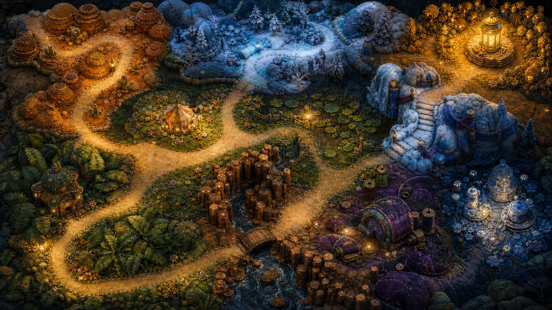 The Bramblewatch overworld connecting woodland, frost, desert and star-lit regions
