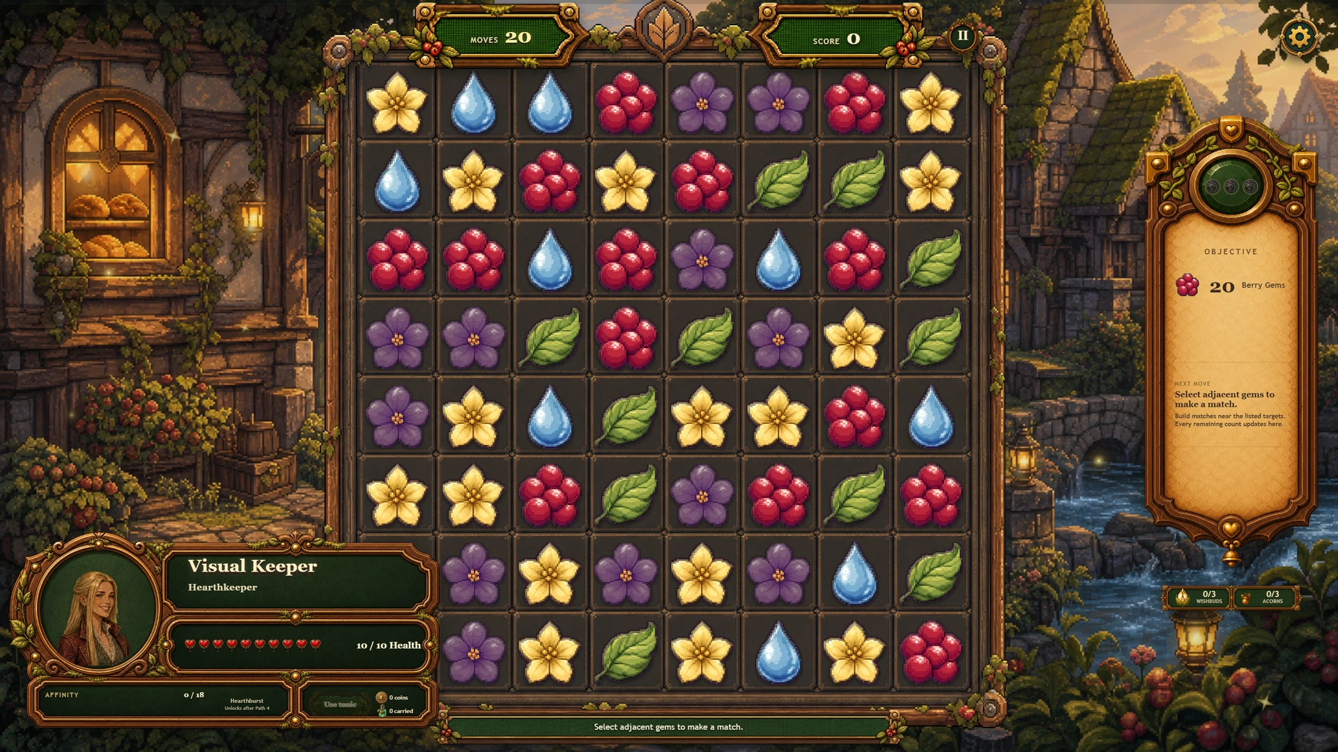 A real Hearthglen match-3 board with colourful keepsakes and its storybook interface
