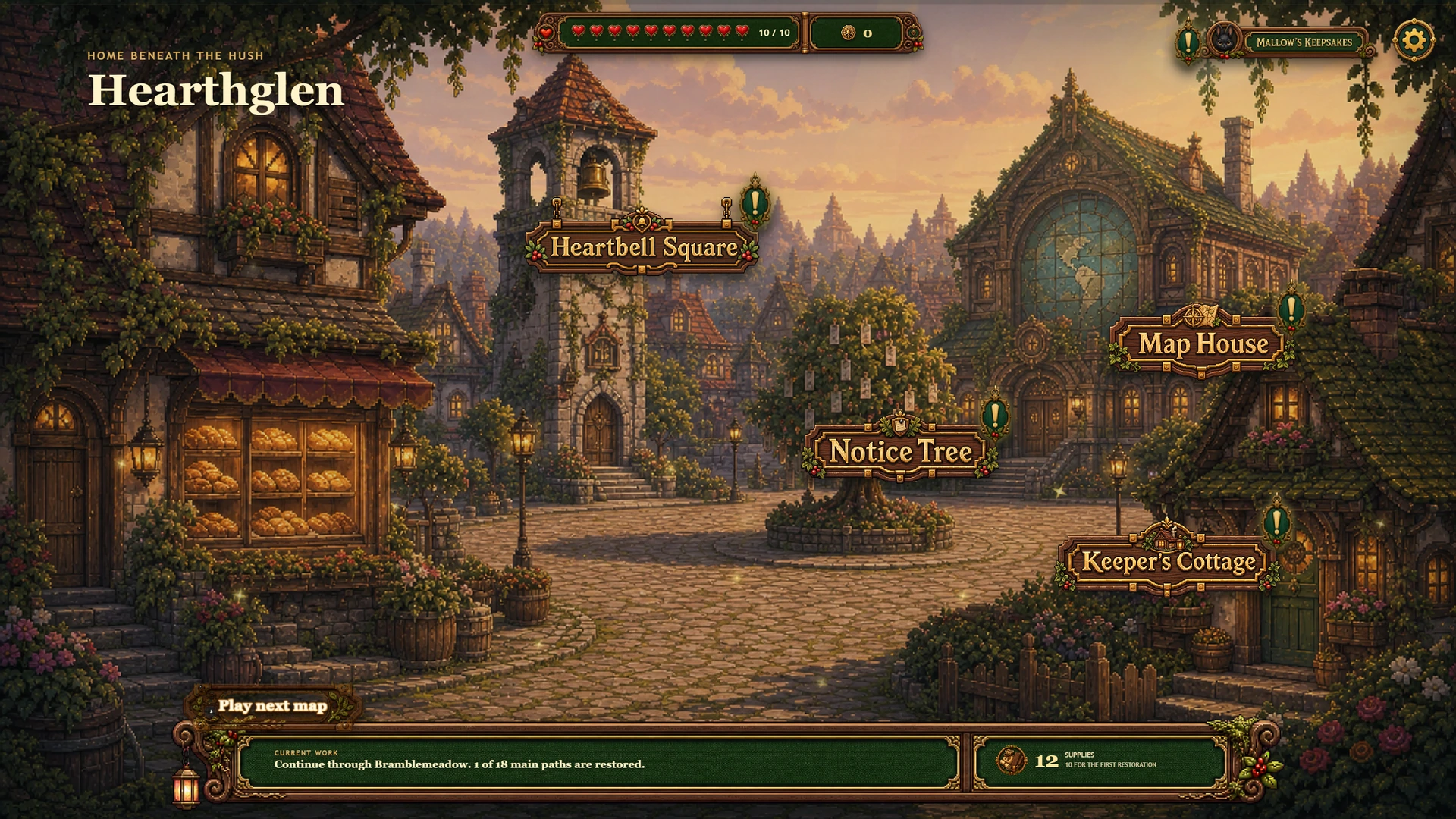 The current Hearthglen village hub with Heartbell Square and the Map House