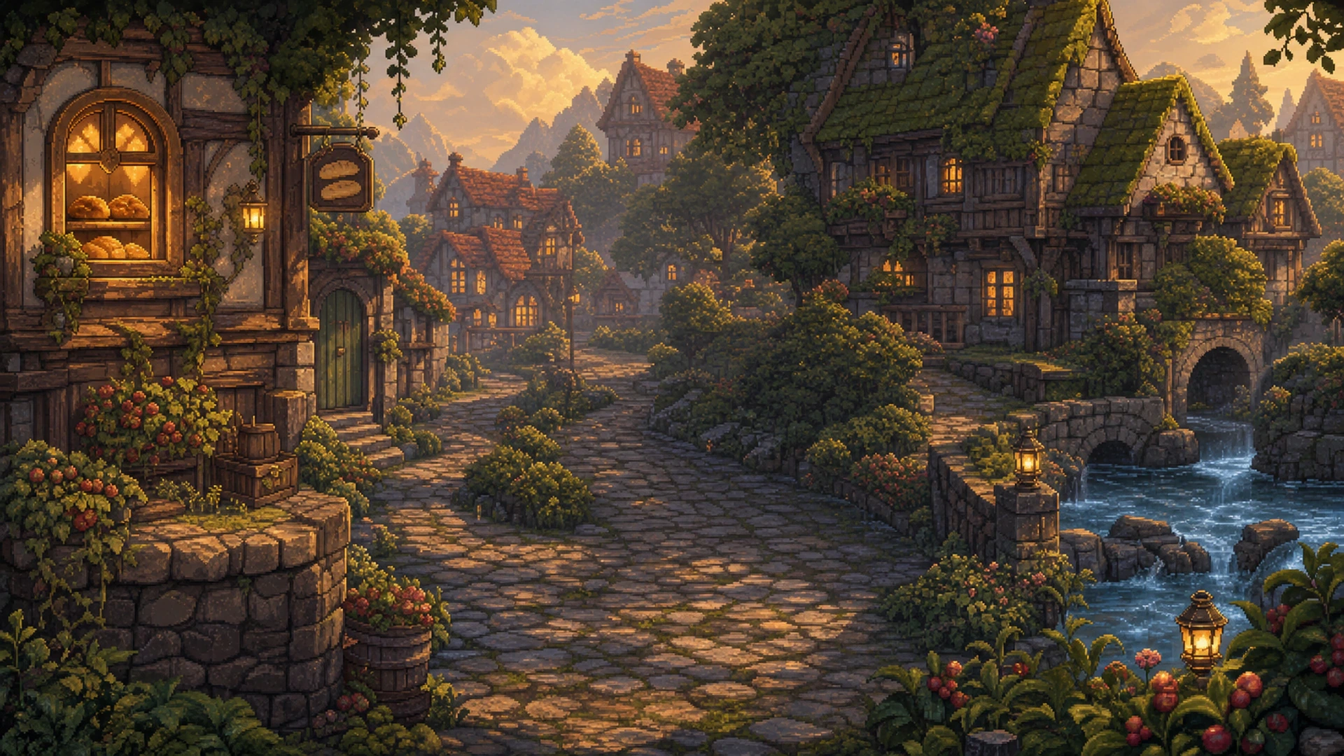 A warm Hearthglen village production background